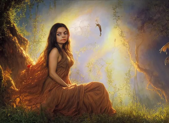 Image similar to big-eyed surprised Mila Kunis staring intensely into the camera, sundown golden hour firefly wisps, Lilia Alvarado, Sophie Anderson, Mark Arian, Bob Byerley, Charlie Bowater, Mark Brooks, Steve Henderson, Justin Gerard, Arthur Hughes, Edward Robert Hughes, Mark Keathley, Victor Nizovtsev, Carlos Shwabe, Ross Tran, WLOP