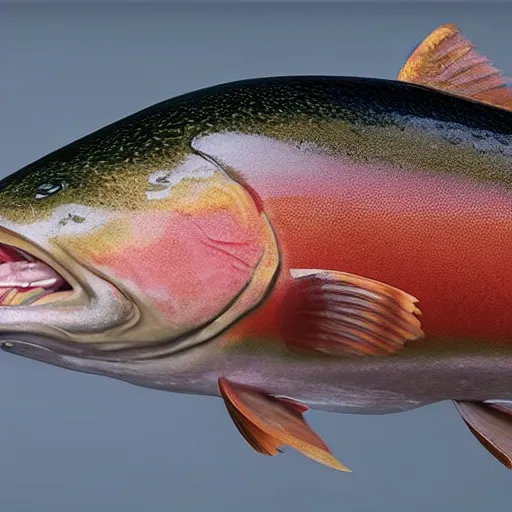 Image similar to a middle aged funny lawyer, eating a trout, hyperrealistic, 4k, unreal engine