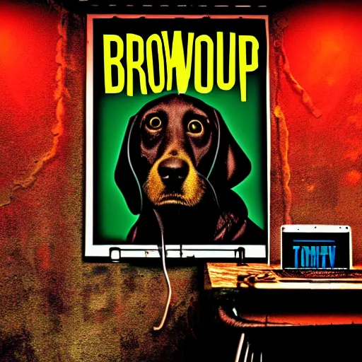 Image similar to poster for the brown hound dog pup - hooded mad mutt mixing industrial music on a laptop in an apocalypsecore setting, as strange colored lighting covers the rusty walls.