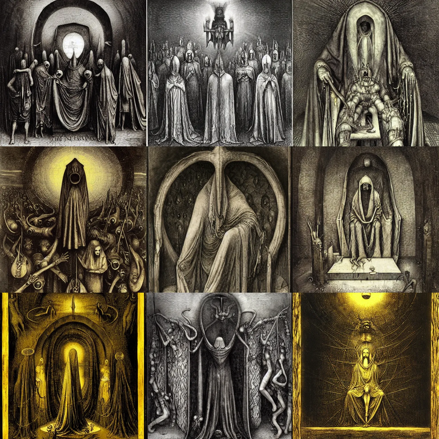 Prompt: the king in yellow gustave dore h r giger hieronymus bosch