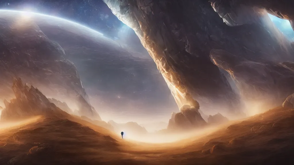 Image similar to journey to the end of space time, surrealism, abstract, epic grandiose, landscape, concept art, hd 4 k, highly detailed, cinematic lighting, superb resolution
