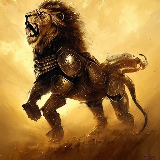 Prompt: lion knight in golden shiny armor art by Daniel Dociu detailed hd