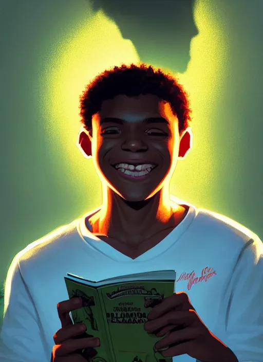 Prompt: portrait of teenage chuck clayton, black teenage boy, very short curly hair, very short hair, square jaw, slight excited smile, reading archie andrews comic book, intricate, elegant, glowing lights, highly detailed, digital painting, artstation, concept art, smooth, sharp focus, illustration, art by wlop, mars ravelo and greg rutkowski