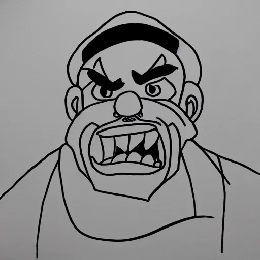 Image similar to continuous single line contour - drawing of wario, pen on white paper