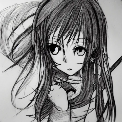Image similar to anime girl fighting a monster pencil sketch,