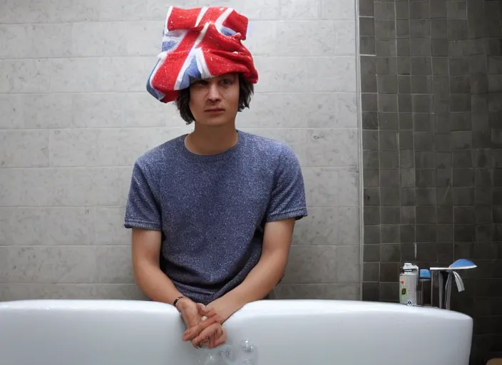 Prompt: frank dillane taking a bubble bath, bubbles!!, shy, awkward, cute, shower cap, rubber ducky, union jack towel, detailed, masterpiece