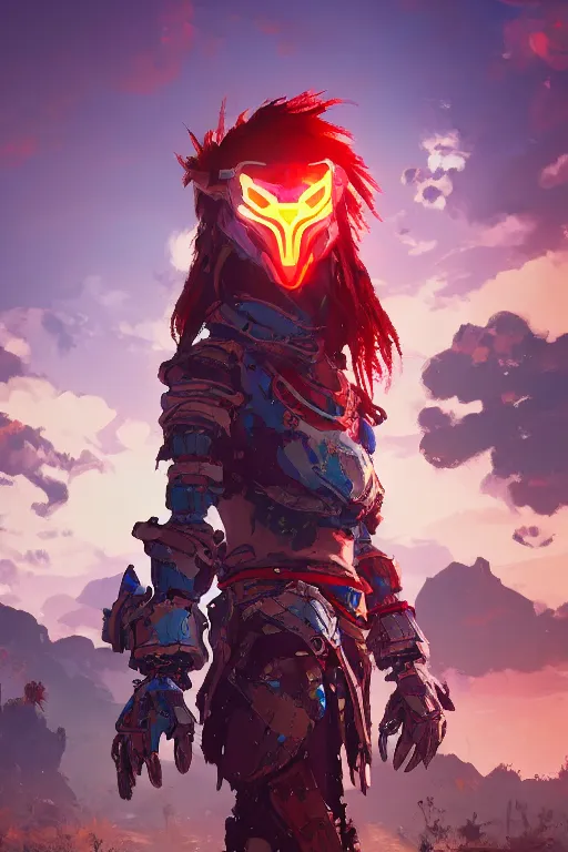 Image similar to combination suit armor aloy horizon forbidden west horizon zero dawn radiating a glowing aura global illumination ray tracing hdr fanart arstation by ian pesty and alena aenami artworks in 4 k tribal robot ninja mask helmet backpack