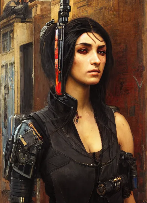 Prompt: Abiona. beautiful cyberpunk assassin wearing a military vest and military gear (cyberpunk 2077). gorgeous face. Iranian orientalist portrait by john william waterhouse and Edwin Longsden Long and Theodore Ralli and Nasreddine Dinet, oil on canvas. Cinematic, hyper realism, realistic proportions, dramatic lighting, high detail 4k