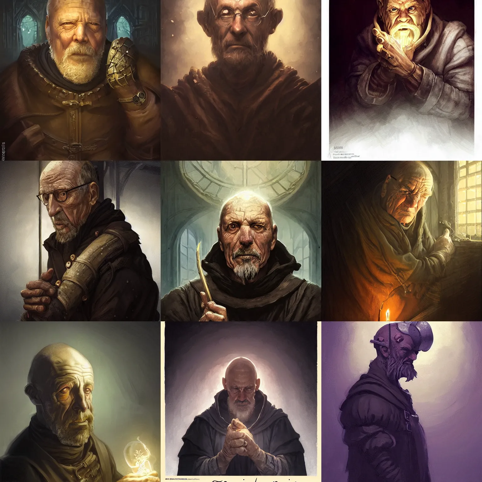 Prompt: portrait of an old, medieval alchemist in the dark, he is looking into the distance thoughtfully!!. close up, facepalm, studio lighting bright ambient lighting key light, fantasy, detailed, photorealistic portrait by michael komarck, greg rutkowski, victo ngai, artgerm and j. dickenson