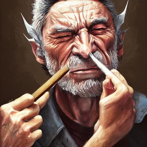 Prompt: Portrait of Old Wolverine smoking a cigar by Mandy Jurgens