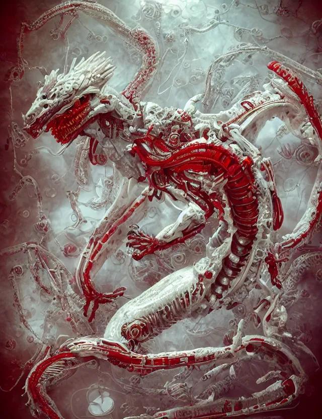 Image similar to legendary white dragon, red biomechanical details, wearing epic bionic cyborg implants, inflateble shapes, wires, tubes, red veins, jellyfish, masterpiece, intricate, biopunk, highly detailed, artstation, concept art, cottage core, cinematic focus, polaroid photo, bleached, vintage, high - key lighting, soft lights, foggy, by tarkovsky, 8 k