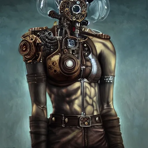 Image similar to portrait painting of a steampunk cyborg mma fighter, transhumanism, ultra realistic, concept art, studio ghibli, intricate details, eerie highly detailed