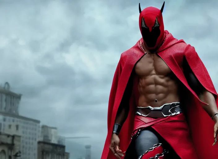 Image similar to film still of michael b jordan as spawn in the new spawn movie, giant chains, large cape, 8 k