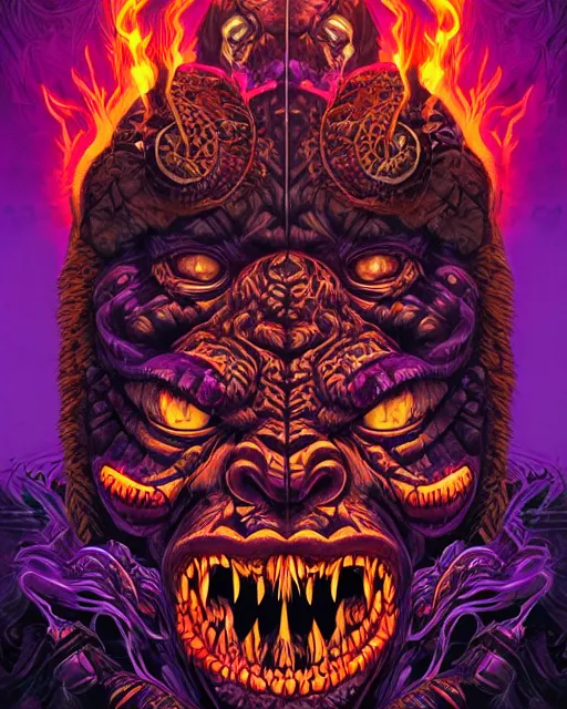 Image similar to barong family member, wiwek, mara demon, music, smoke from eyes, background red smoke with purple lightning, one single tribe member, jungle, one single mask, dark, ancient warrior, gorilla, lizard, inner glow, art by dan mumford and justin gerard