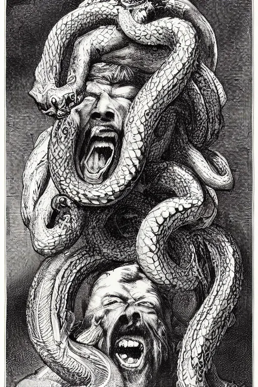 Image similar to very detailed ink drawing of a screaming head of Hercules with snakes coming out from the eyes, surrounded by serpents and falling feathers by gustave dore, poster, fine art, etching, biblical
