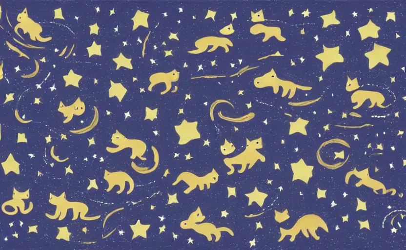 Prompt: drawing of night sky full of cats and stars, dreamy