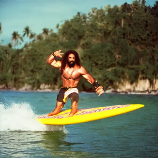 Image similar to macho king randy savage surfing on a dolphin. photo taken with fujinon premista 1 9 - 4 5 mm t 2. 9, portra 8 0 0.