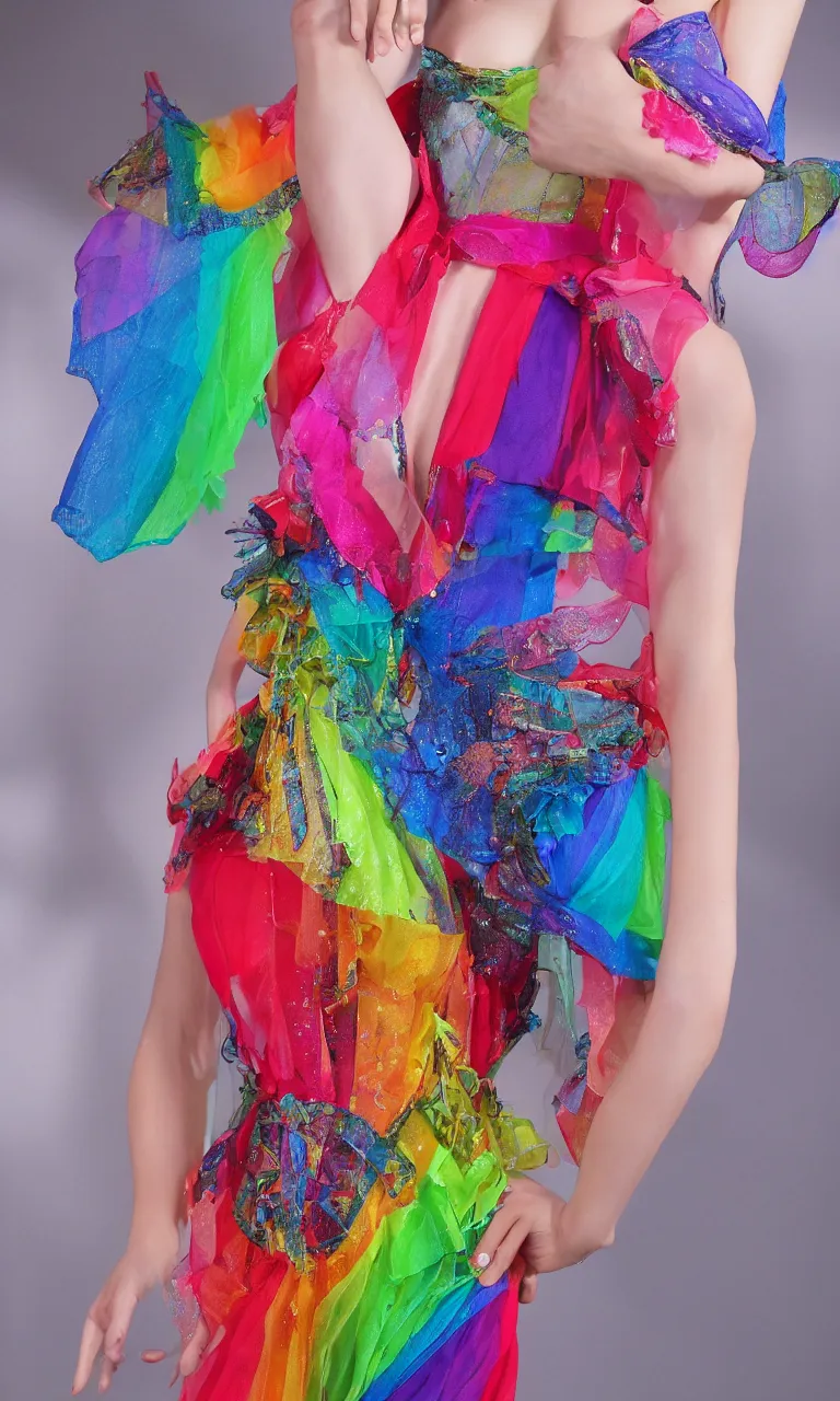 Prompt: rainbow themed sheer corset dress, fashion design, professional, high detail, 4k
