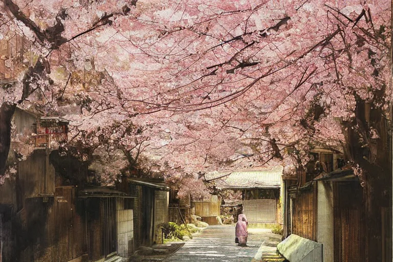 Prompt: beautiful Japanese alleyway with sakura trees by John Berkey, rule of thirds, beautiful, sharp focus