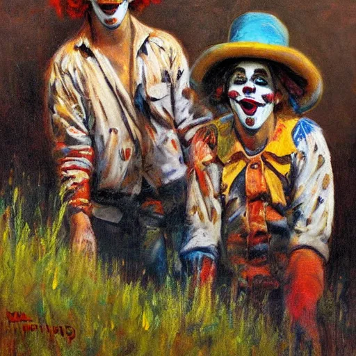 Prompt: amphetamine clowns, painted by Howard terpning