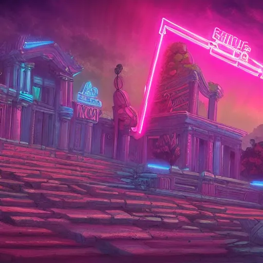 Image similar to neon ancient ruins,digital art,retrowave art,trending on art station