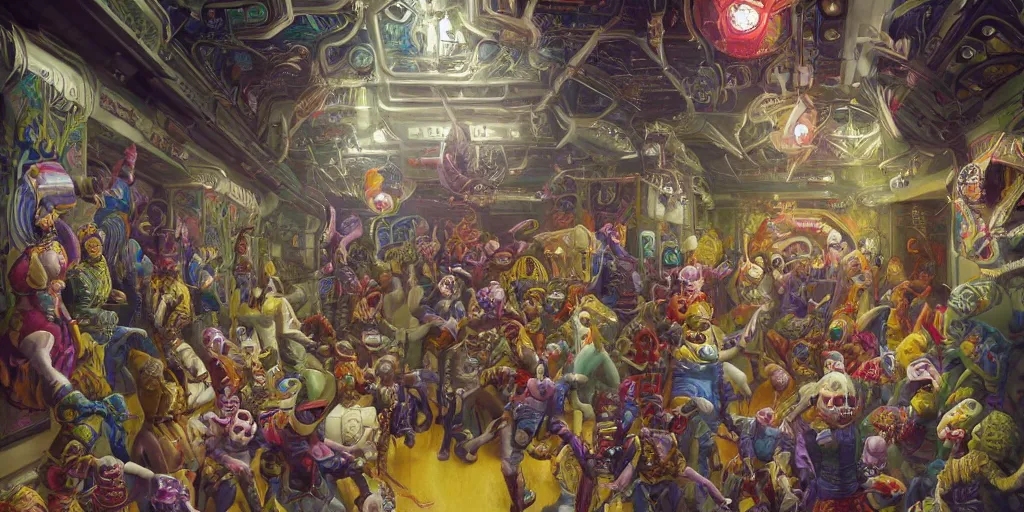 Image similar to the hallway of a space station crowded with strange characters and chaos, clown in the center of the hallway throwing a banana peel, insanely detailed and intricate, hypermaximalist, elegant, ornate, hyper realistic, super detailed, Art Deco, cinematic, trending on artstation, magic the gathering artwork, centered