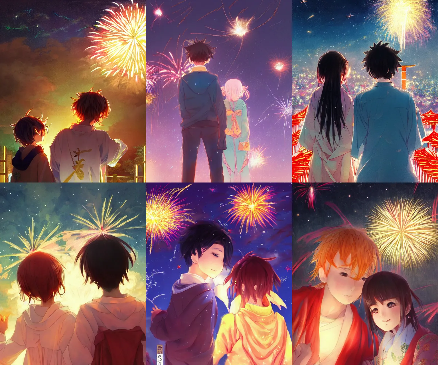 Prompt: beautiful anime painting of a boy and a girl from behind at a shinto shrine looking up at the night sky illuminated by colorful new years fireworks, by WLOP and rossdraws, trending on artstation, concept art