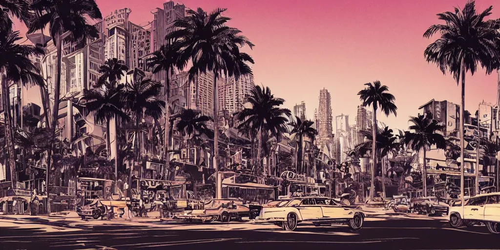 Image similar to cinematic high contrast graphic illustration of hyper detailed highway realistic streetwalkng in an afro futurist city blocks palm trees, by frank lloyd wright architect, bill sienkiewicz, wide angle, insanely detailed and intricate