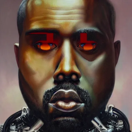 Image similar to a realistic oil painting of a cybernetic kanye west cyborg, surrealism portrait, post apocalyptic album cover