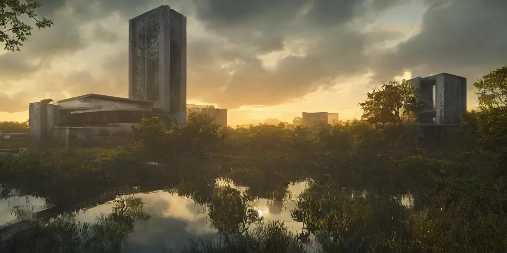 Prompt: an extremely detailed cathedral of brutalist architecture, surrounded by lush green forest, ponds of water, stunning volumetric lighting, sunset, rusted metal, solid concrete, stunning skies, trending on Artstation, 8k, photorealistic, hyper detailed, unreal engine 5, IMAX quality, cinematic, epic lighting, in the style of Greg Rutkowski