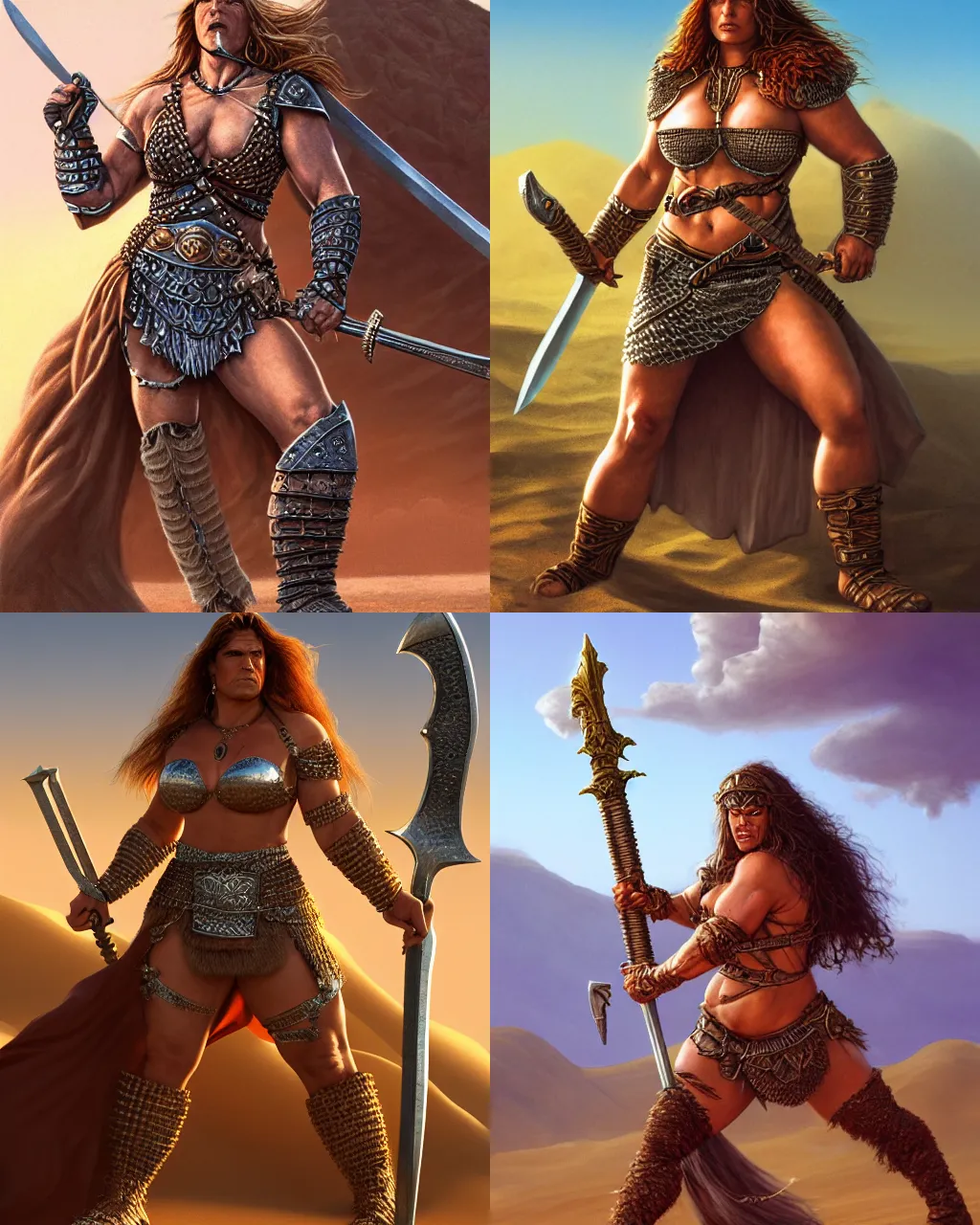 Prompt: big and strong barbarian woman wielding a sword, in the desert, wearing chainmail armor, by jeff easley and larry elmore, ultrarealistic, highly detailed, soft lighing, spellfire, sharp focus, cinematic lighting, artstation, powerful presence