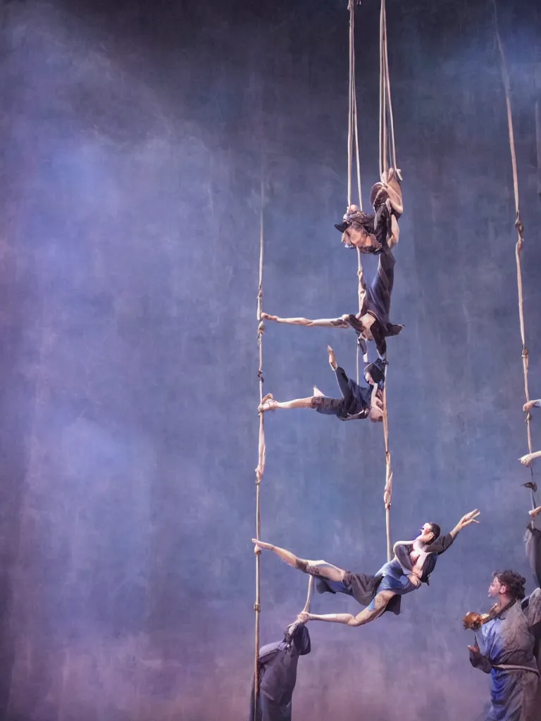 Prompt: a shakespeare stage play, dark blue mist, atmospheric, set design by Michel Crête, Aerial acrobatics design by André Simard, hyperrealistic, 4K, Baraka