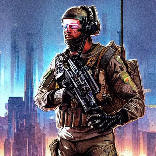 Image similar to Arthur. USN special forces futuristic recon operator, cyberpunk headset, on patrol in the Australian autonomous zone, deserted city skyline. 2087. Concept art by James Gurney and Alphonso Mucha