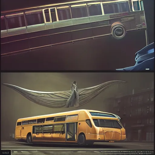 Prompt: realistic render portrait of an bus flying through space, money is flying out of the bus' windows, intricate, dystopian, sci-fi, extremely detailed, digital painting, sculpted in zbrush, artstation, concept art, smooth, sharp focus, illustration, chiaroscuro lighting, golden ratio, incredible art by artgerm and greg rutkowski and alphonse mucha and simon stalenhag