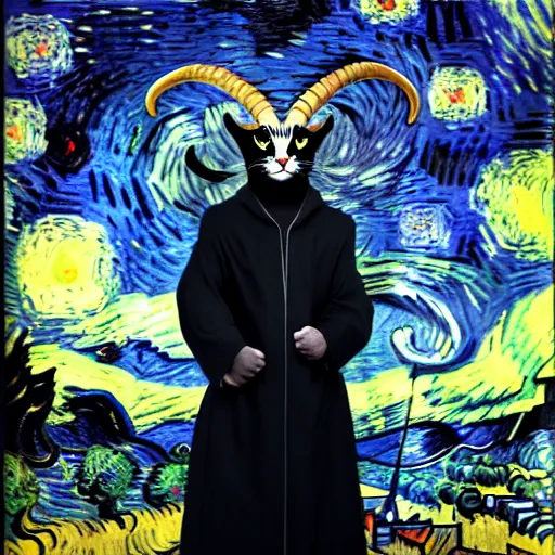 Image similar to a standing cat that has goat horns, anthropomorphic cat wearing dark robes, matte oil painting, by vincent van gogh, eldritch, magical, fog, noble, full body portrait, extremely detailed, cult, ritual, inspiring, award - winning, 4 k, 8 k