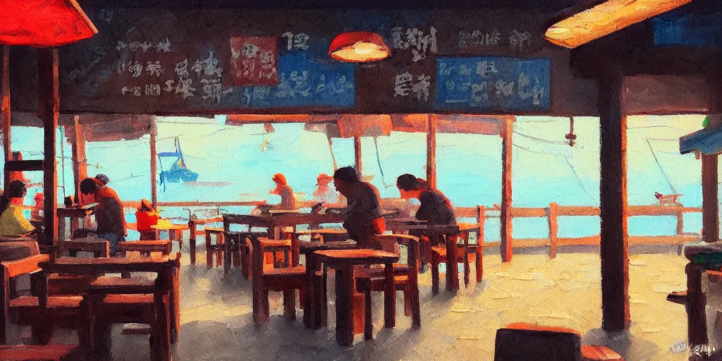 Image similar to interior of a small kopitiam at pulau indah fishing village, near a jetty, early morning, detailed painting, low angle view, telephoto lens, bokeh, hayao miyazaki, studio ghibli, artstation