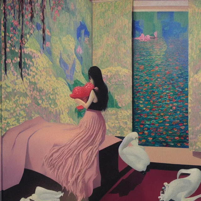 Image similar to female emo art student, painting of flood waters inside an artist's feminine bedroom, a river flooding indoors, pomegranates, pigs, ikebana, water, octopus, river, rapids, waterfall, black swans, canoe, berries, acrylic on canvas, surrealist, by magritte and monet