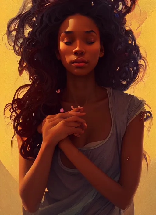 Image similar to beautiful young black women with shoulder length brown hair, half body shot, path traced, highly detailed, high quality, digital painting, alena aenami, lilia alvarado, shinji aramaki, karol bak, alphonse mucha, tom bagshaw