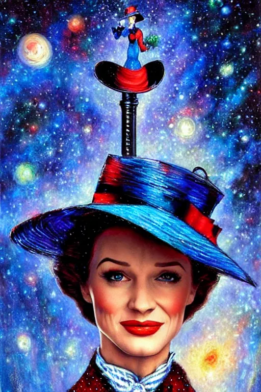 Prompt: beautiful oil painting with high detail of Marry Poppins made of stars and plasma; seemlessly blending wirh the cosmos, art direction by James Cameron ;by artgerm; wayne reynolds art station; cinematic quality character render; low angle; ultra high quality model; production quality cinema model; marry Poppins escher punk