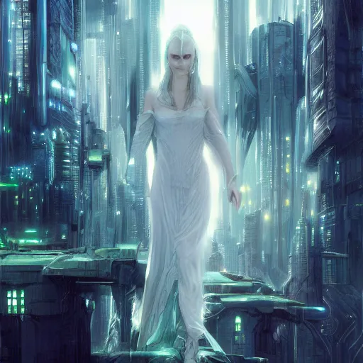 Image similar to cyberpunk galadriel, ethereal, wide shot, Lord of the Rings, Neuromancer, science fantasy, portrait, cityscape background, highly detailed, digital painting, artstation, concept art, sharp focus, illustration, art by artgerm and greg rutkowski and magali villeneuve, white and green color scheme