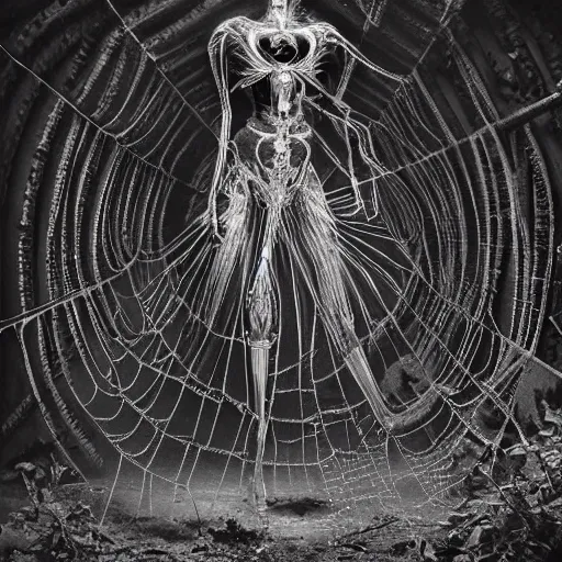 Prompt: 1860 photo of an ancient fractal spider-woman-demon on an abandoned factory on the middle of a forest, spooky , devouring the human soul, veins, arteries, intricate, golden ratio, full frame, microscopic, elegant, highly detailed, ornate, ornament, sculpture, elegant , luxury, beautifully lit, ray trace, 3d, PBR