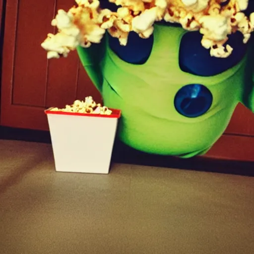 Image similar to mike wazowski falling down the stairs with a bucket of popcorn, iphone photo