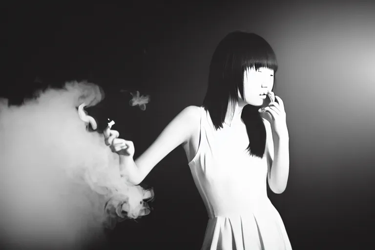 Prompt: photography masterpiece by haruto hoshi and yang seung woo, flash photography, portrait of a young japanese woman in a white dress smoking a cigarette in a cabaret night club, shot on a canon 5 d mark iii with a 3 5 mm lens aperture f / 5. 6, dslr, hd, full res, 4 k