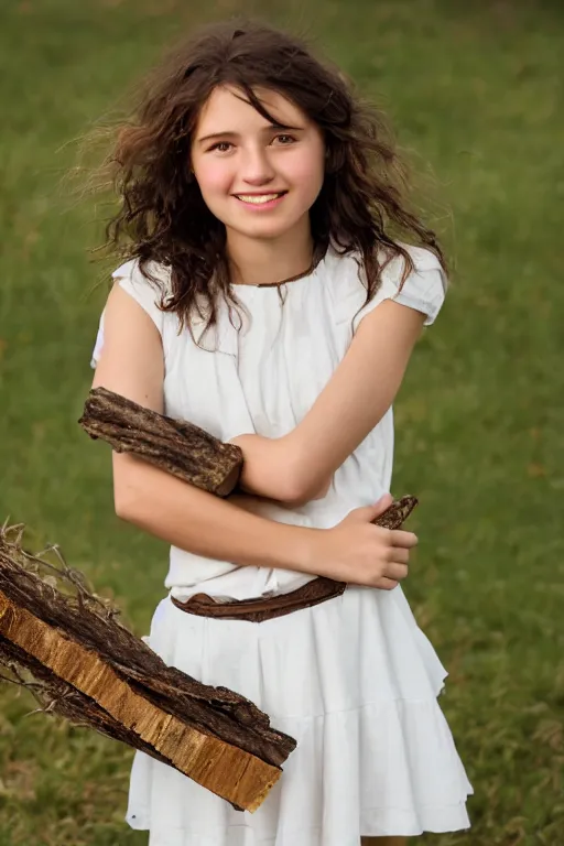 Image similar to a middle-school girl with unkempt wavy short brown hair wearing a white dress and holding a bundle of firewood, high resolution film still, 8k, HDR color, short hair, round face, dimples