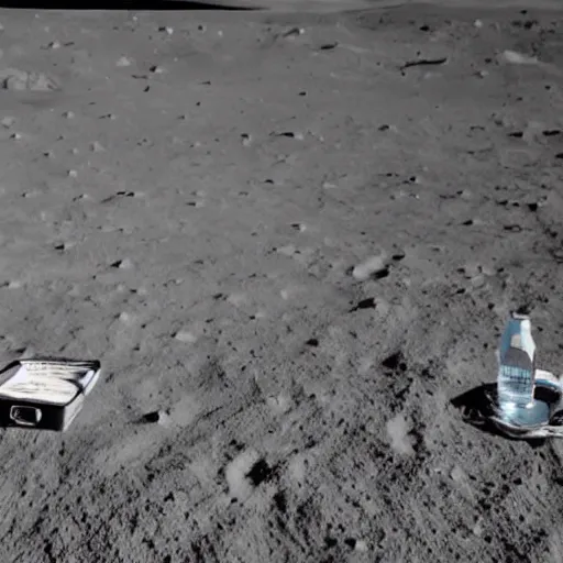 Prompt: photo of an electric guitar sitting idle and a beer can sitting idle on the moon surface. nuclearpunk