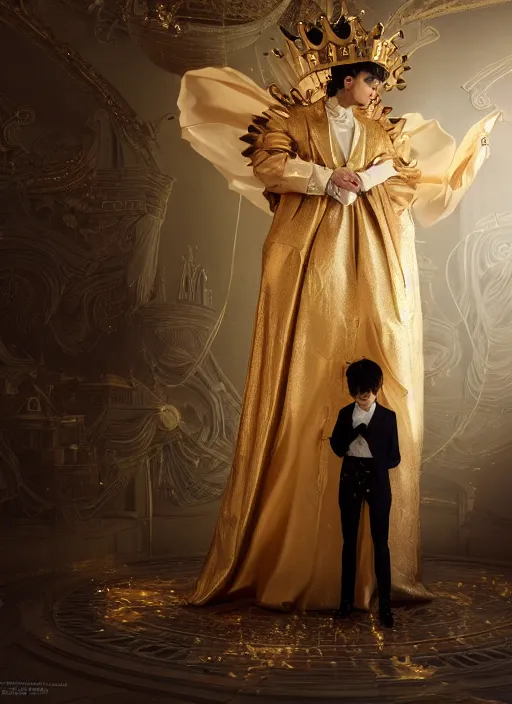 Image similar to young Camilo as a paper man wearing a golden crown and a black tissue paper prince tuxedo by Prada. ethereal, fantasy, Lawrence Alma-Tadema, James Jean, oozium, peter morbacher, angelarium, alchemy, luxury, heavenly light, Soft illumination, Trending on artstation, Cinematic Lighting, very detailed, 3D, octane render, artgerm