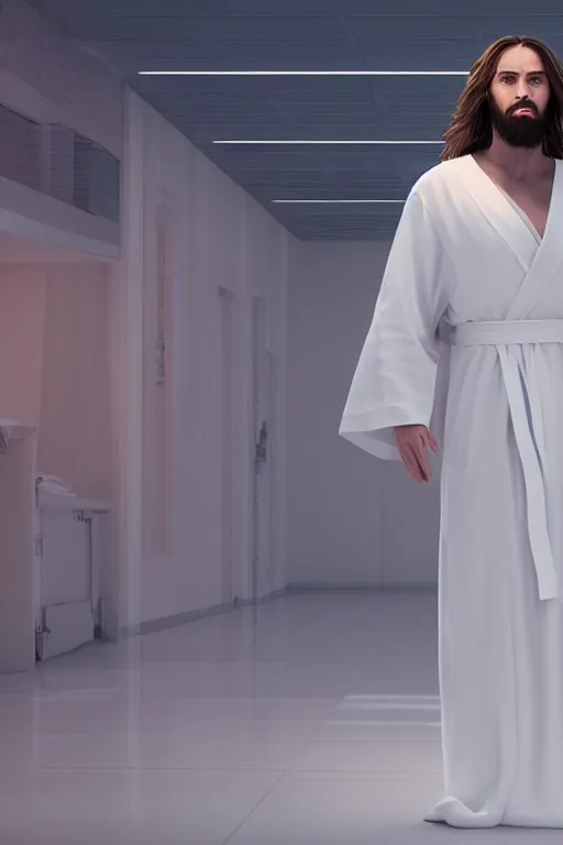 Image similar to jesus christ wearing a white robe strikes a dance pose in a hospital, intricate, hyper detailed, accent lighting, dramatic light, 4 k octane render