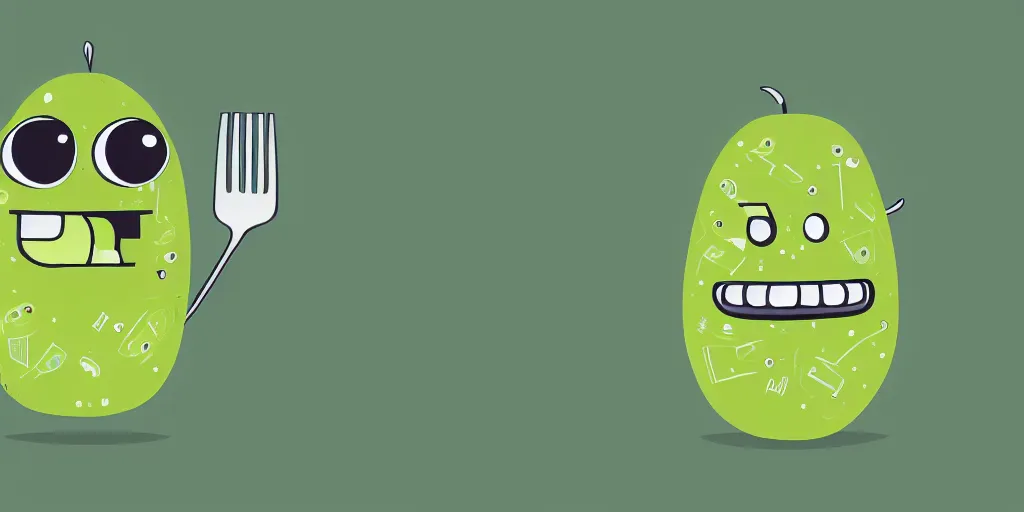 Image similar to cute little smiling avocado robot with cute eyes and forks instead of arms, logo style