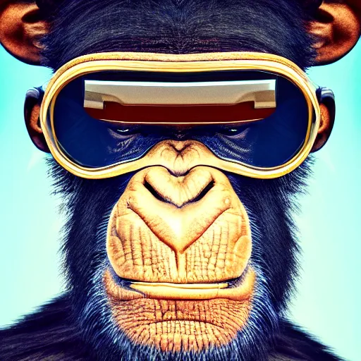 Image similar to Portrait of chimpanzee general wearing mirrorshades and a futuristic leather uniform, photorealistic, highly detailed, cinematic lighting, volumetric lighting