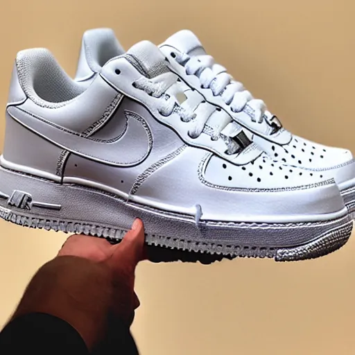 Prompt: The soles, bottoms of White Nike Air Force One Sneakers